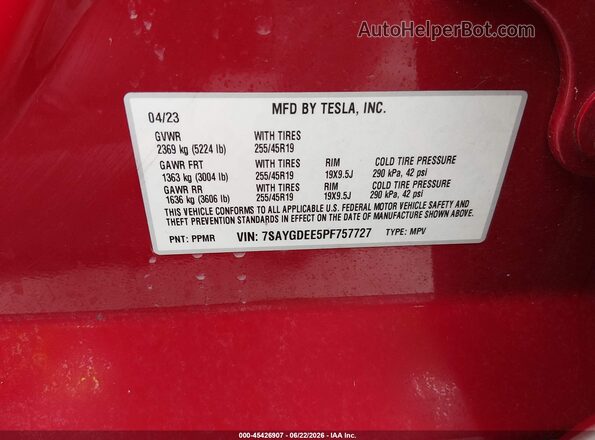7SAYGDEE5PF757727 2023 TESLA MODEL Y Red Engine compartment view
