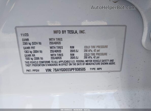 7SAYGDEE5PF938505 2023 TESLA MODEL Y Белый Вид подкапотного пространства