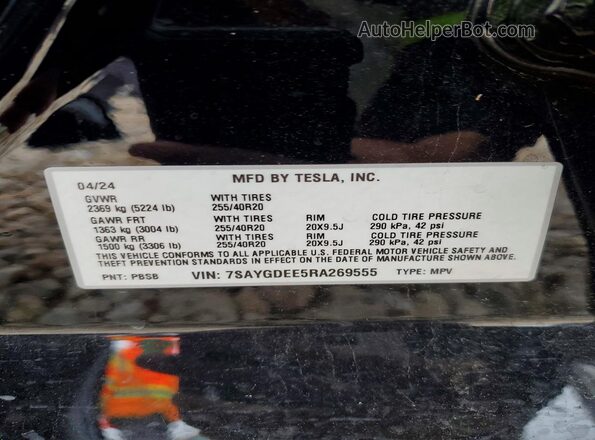 7SAYGDEE5RA269555 2024 TESLA MODEL Черный Вид наклейки с VIN-кодом