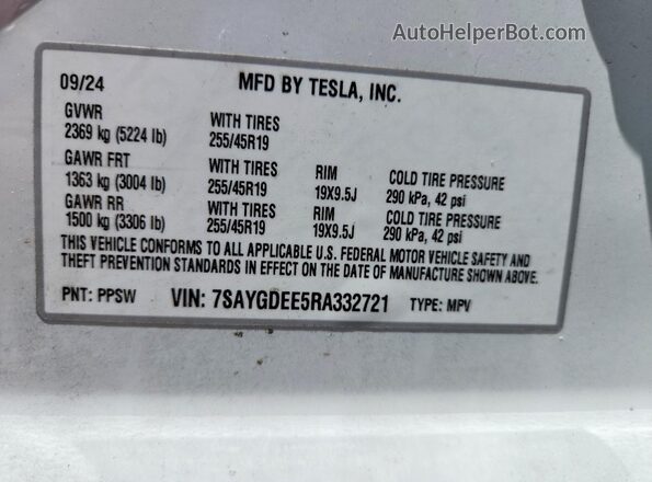 7SAYGDEE5RA332721 2024 TESLA MODEL Белый Вид наклейки с VIN-кодом