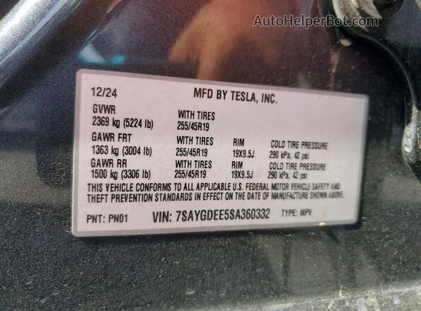 7SAYGDEE5SA360332 2025 TESLA MODEL Charcoal VIN sticker view
