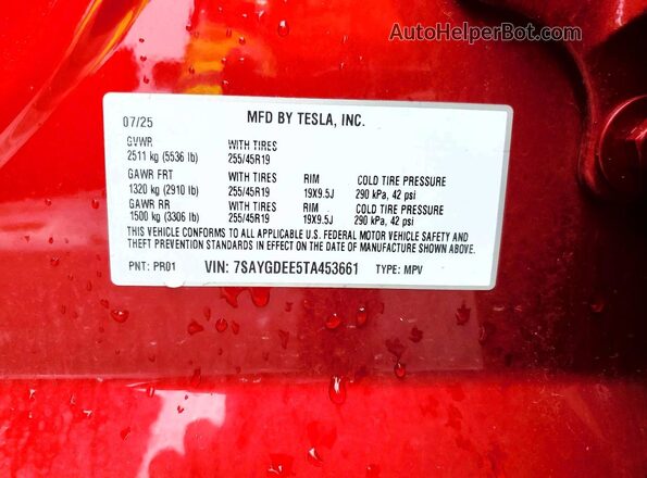 7SAYGDEE5TA453661 2026 TESLA MODEL Red 