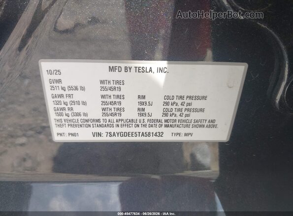 7SAYGDEE5TA581432 2026 TESLA MODEL Y Black Engine compartment view