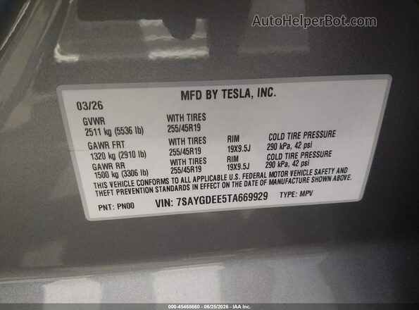 7SAYGDEE5TA669929 2026 TESLA MODEL Y Gray Շարժիչի բաժամունքի տեսք