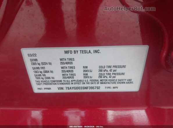 7SAYGDEE6NF395792 2022 TESLA MODEL Y Красный Вид подкапотного пространства