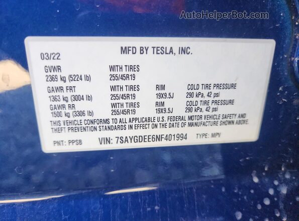 7SAYGDEE6NF401994 2022 TESLA MODEL Синий Вид наклейки с VIN-кодом