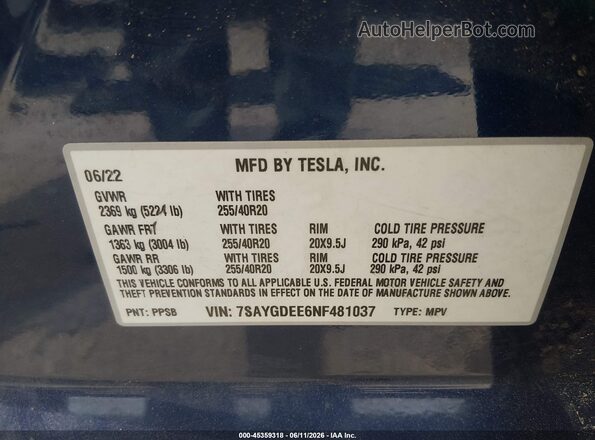 7SAYGDEE6NF481037 2022 TESLA MODEL Y Blue Engine compartment view