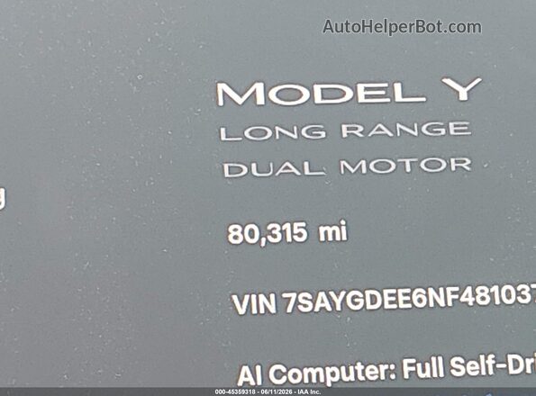 7SAYGDEE6NF481037 2022 TESLA MODEL Y Blue 360 interior view