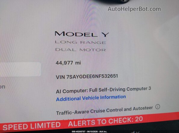 7SAYGDEE6NF532651 2022 TESLA MODEL Y White 