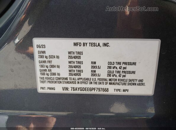 7SAYGDEE6PF797668 2023 TESLA MODEL Y Gray Շարժիչի բաժամունքի տեսք