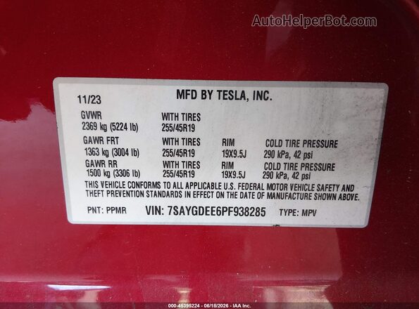 7SAYGDEE6PF938285 2023 TESLA MODEL Y Красный Вид подкапотного пространства