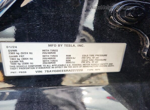 7SAYGDEE6RA227220 2024 TESLA MODEL Black VIN კოდის სტიკერის ხედი