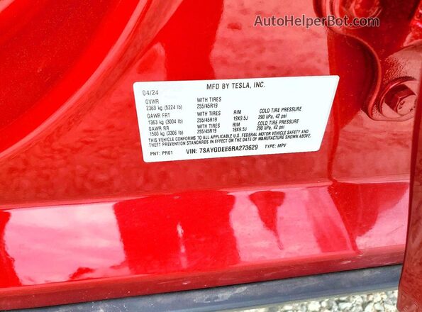 7SAYGDEE6RA273629 2024 TESLA MODEL Red VIN կոդի պիտակի տեսք