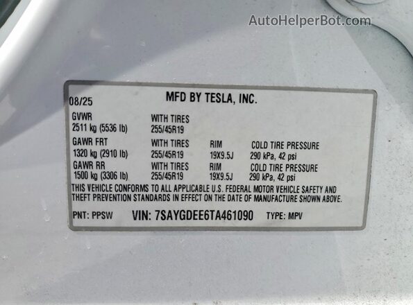 7SAYGDEE6TA461090 2026 TESLA MODEL White Engine compartment view