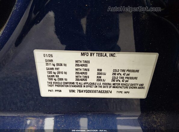 7SAYGDEE6TA633974 2026 TESLA MODEL Y Dark Blue Вид підкапотного простору