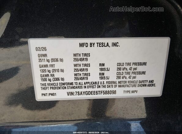 7SAYGDEE6TF588098 2026 TESLA MODEL Y Black ძრავის განყოფილების ხედი