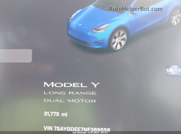 7SAYGDEE7NF369556 2022 TESLA MODEL Y Blue უკანა სავარძლების ხედი