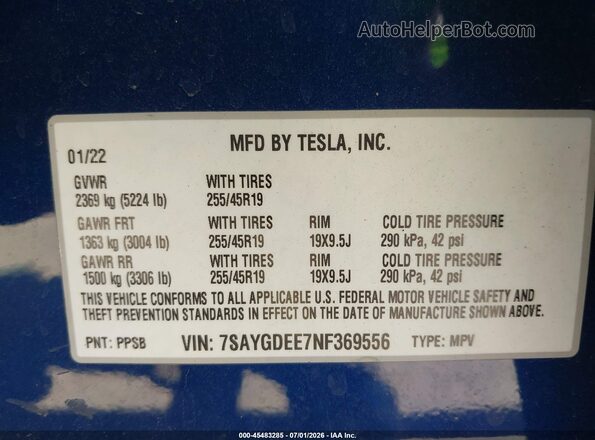 7SAYGDEE7NF369556 2022 TESLA MODEL Y Blue ძრავის განყოფილების ხედი