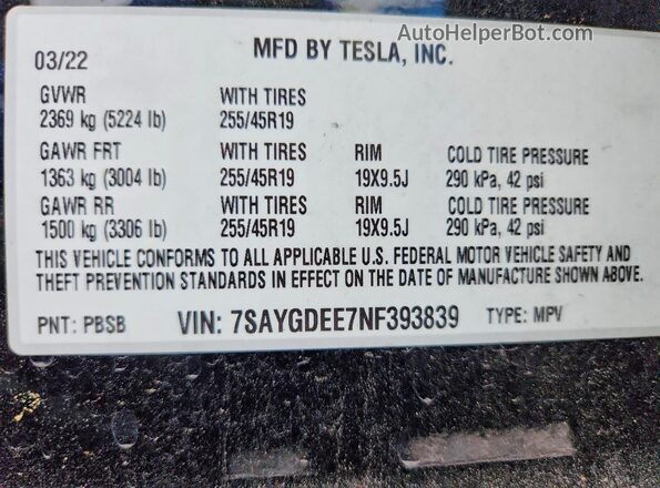 7SAYGDEE7NF393839 2022 TESLA MODEL Black 360 interior view