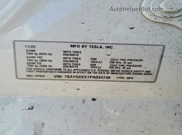 7SAYGDEE7PA034748 2023 TESLA MODEL White VIN sticker view