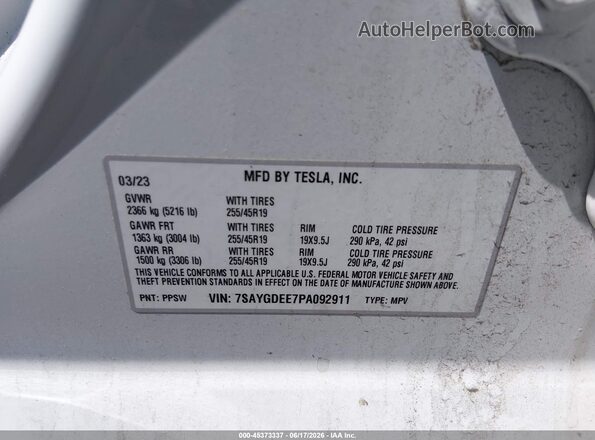 7SAYGDEE7PA092911 2023 TESLA MODEL Y White Շարժիչի բաժամունքի տեսք