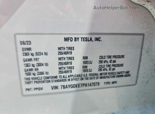 7SAYGDEE7PA147079 2023 TESLA MODEL Белый Вид наклейки с VIN-кодом