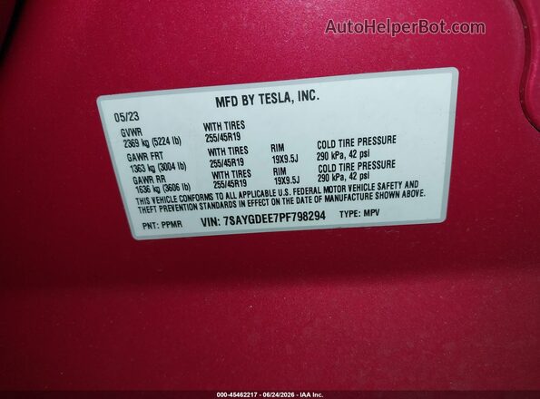 7SAYGDEE7PF798294 2023 TESLA MODEL Y Red Widok komory silnika
