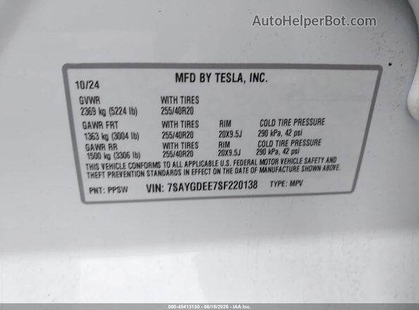 7SAYGDEE7SF220138 2025 TESLA MODEL Y Белый Вид подкапотного пространства
