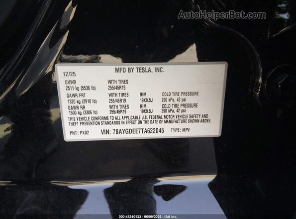 7SAYGDEE7TA622045 2026 TESLA MODEL Y Черный Вид подкапотного пространства