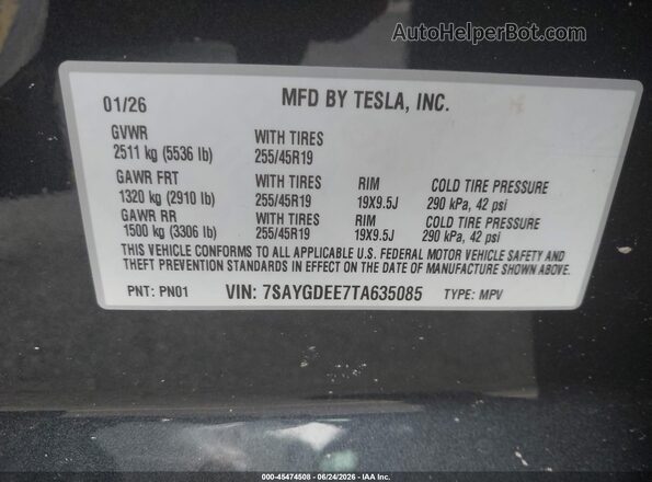 7SAYGDEE7TA635085 2026 TESLA MODEL Y Gray Vista del compartimento del motor