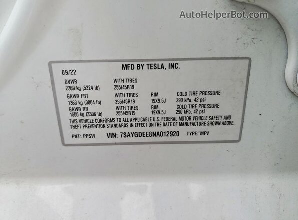 7SAYGDEE8NA012920 2022 TESLA MODEL Белый 
