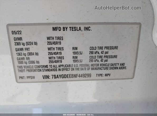 7SAYGDEE8NF449299 2022 TESLA MODEL Y Белый Вид подкапотного пространства