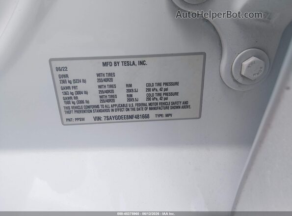 7SAYGDEE8NF481668 2022 TESLA MODEL Y Белый Вид подкапотного пространства
