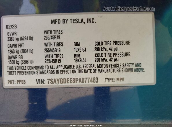 7SAYGDEE8PA077463 2023 TESLA MODEL Y Blue Widok komory silnika