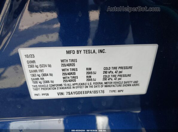 7SAYGDEE8PA185176 2023 TESLA MODEL Y Синий Вид подкапотного пространства