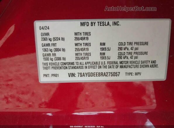 7SAYGDEE8RA275057 2024 TESLA MODEL Y Red Շարժիչի բաժամունքի տեսք