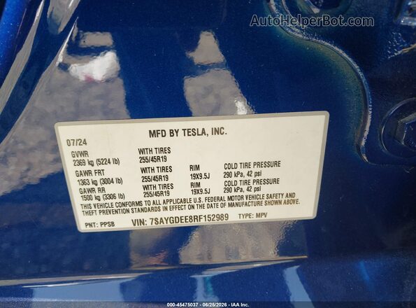 7SAYGDEE8RF152989 2024 TESLA MODEL Y Синий Вид подкапотного пространства
