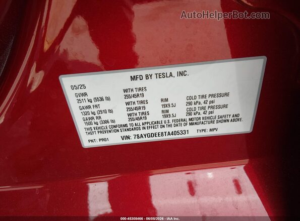 7SAYGDEE8TA405331 2026 TESLA MODEL Y Red Vista del compartimento del motor