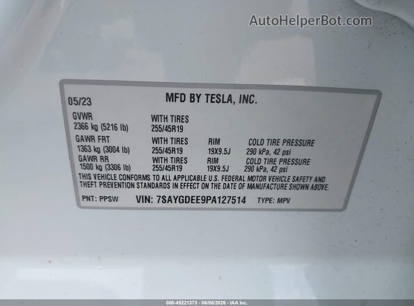 7SAYGDEE9PA127514 2023 TESLA MODEL Y White Вид підкапотного простору