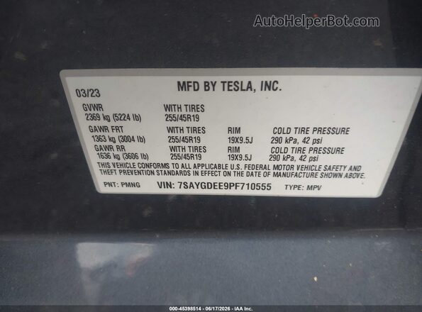 7SAYGDEE9PF710555 2023 TESLA MODEL Y Gray Widok komory silnika
