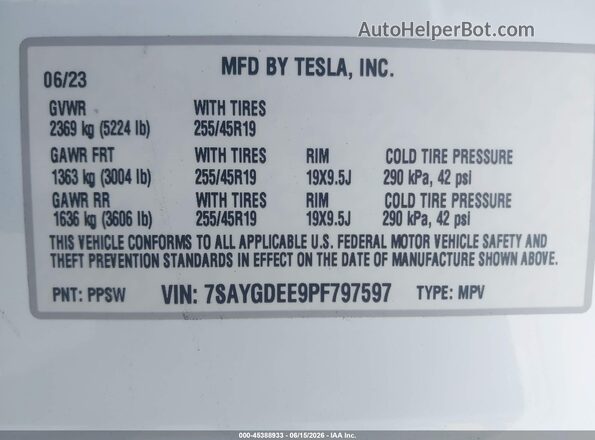 7SAYGDEE9PF797597 2023 TESLA MODEL Y Белый Вид подкапотного пространства