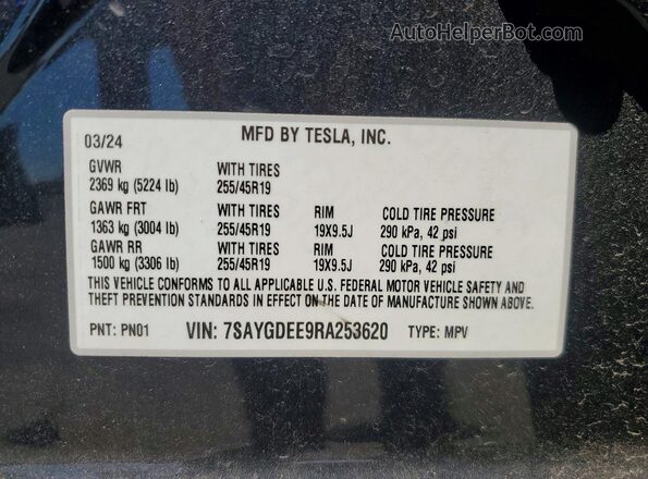 7SAYGDEE9RA253620 2024 TESLA MODEL Gray Widok naklejki z numerem VIN