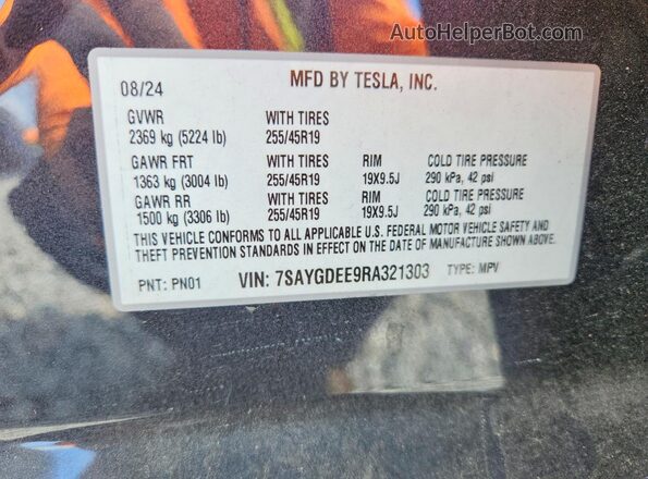 7SAYGDEE9RA321303 2024 TESLA MODEL Gray Vista de la etiqueta del VIN