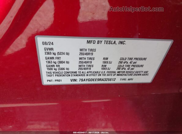 7SAYGDEE9RA325612 2024 TESLA MODEL Y Красный Вид подкапотного пространства