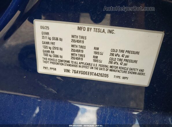 7SAYGDEE9TA426205 2026 TESLA MODEL Y Blue ძრავის განყოფილების ხედი