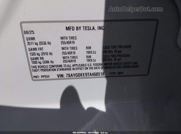 7SAYGDEE9TA468518 2026 TESLA MODEL Y White Вид підкапотного простору