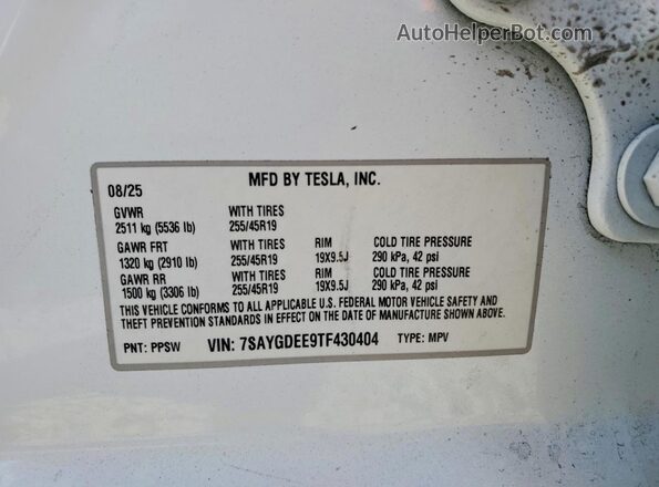 7SAYGDEE9TF430404 2026 TESLA MODEL White 