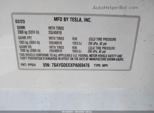 7SAYGDEEXPA069476 2023 TESLA MODEL Y White Vista del compartimento del motor