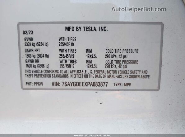 7SAYGDEEXPA083877 2023 TESLA MODEL Y White ძრავის განყოფილების ხედი