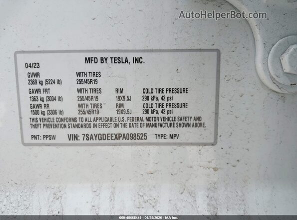 7SAYGDEEXPA098525 2023 TESLA MODEL Y White ძრავის განყოფილების ხედი